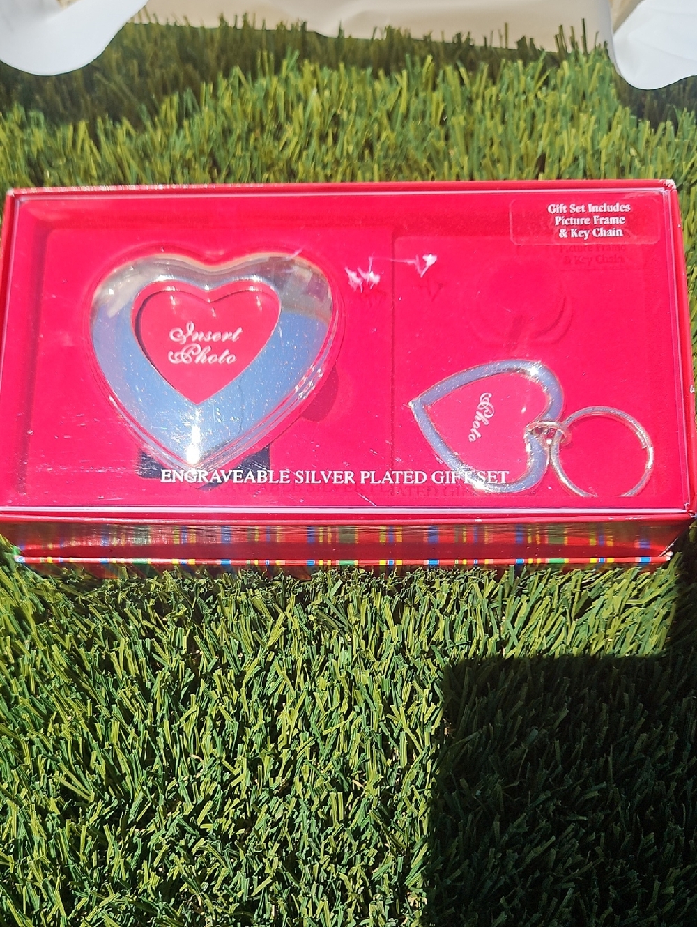 Silver-Plated Heart Photo Frame & Keychain Gift Set - Red Packaging